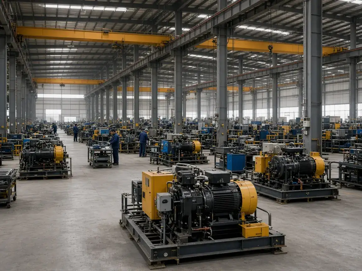 Compressor packages on a Chinese factory assembly line